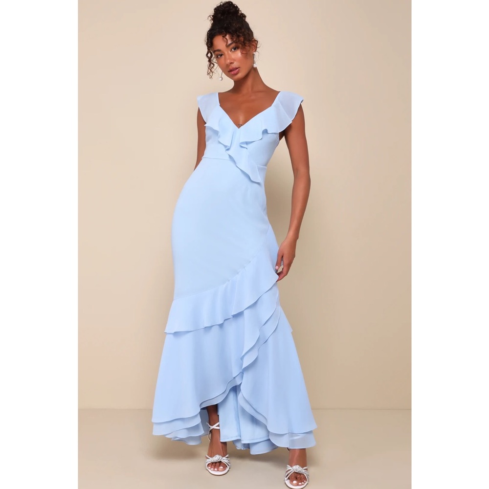 Lulus Charming Event Light Blue Asymmetrical Ruffled Chiffon Maxi Dress XL